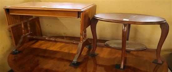 Small inlaid drop leaf table & oval 2 tier table(-)